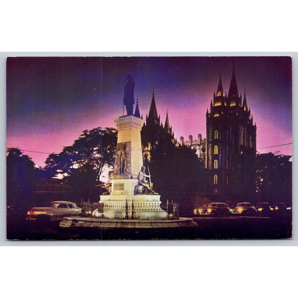 Vintage Postcard Brigham Young Monument & Salt Lake temple Night SLC Utah C419